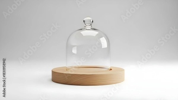 Obraz Clear glass cloche on wooden base isolated on white background