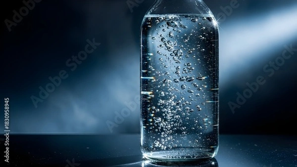 Obraz Clear water bottle with bubbles against dark blue background