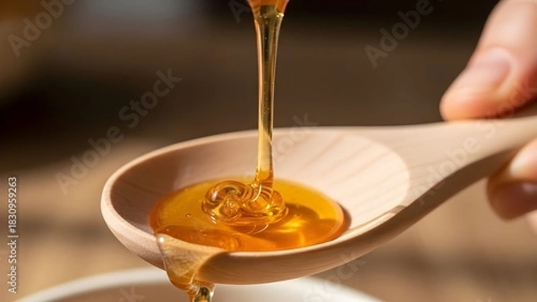 Obraz Close up of golden honey pouring from a wooden spoon