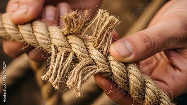 Obraz Close up of hands holding and examining a frayed rope detail for concepts