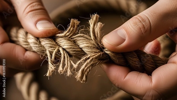 Obraz Close up of hands holding and examining a damaged brown rope