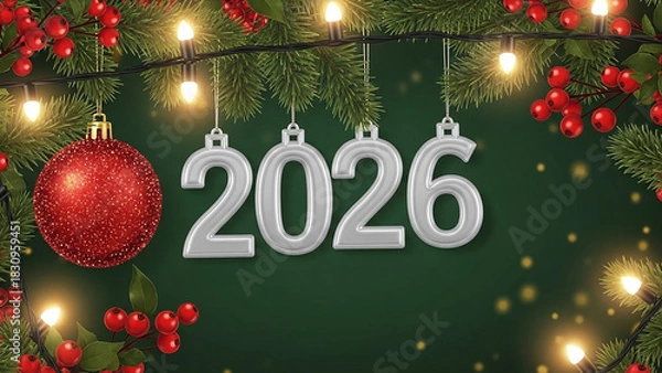 Fototapeta Festive new year decoration with ornament, lights, berries and evergreen branches