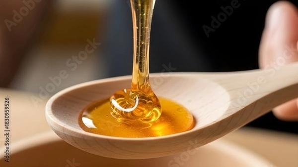 Obraz Honey pouring onto wooden spoon close up macro food photography