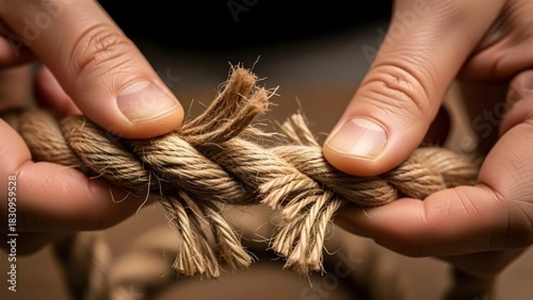 Obraz Hands tearing a rope concept of breakage struggle and risk