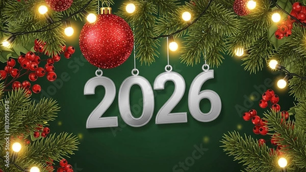 Fototapeta New year theme with christmas tree branches, lights, ornament and year number