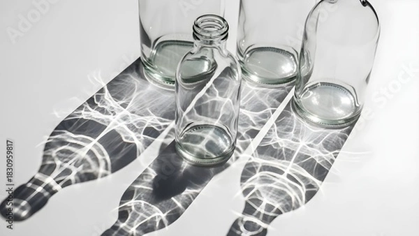 Obraz Transparent glass bottles cast shadows on white surface abstract composition