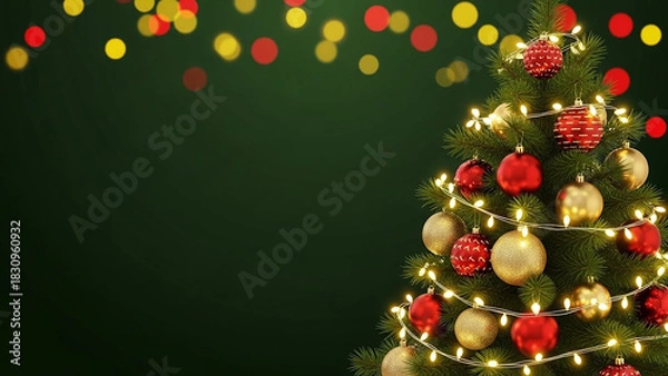 Fototapeta Decorated christmas tree with lights and ornaments against a green background