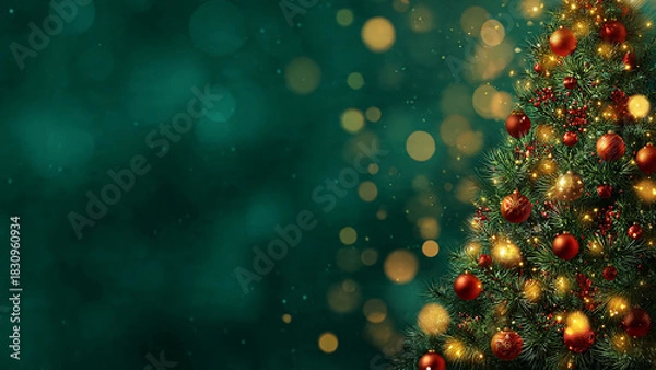 Fototapeta Decorated christmas tree with red ornaments and lights on a green background