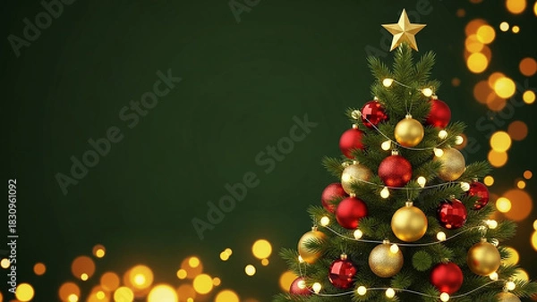 Fototapeta Decorated christmas tree with ornaments and lights against a dark green background