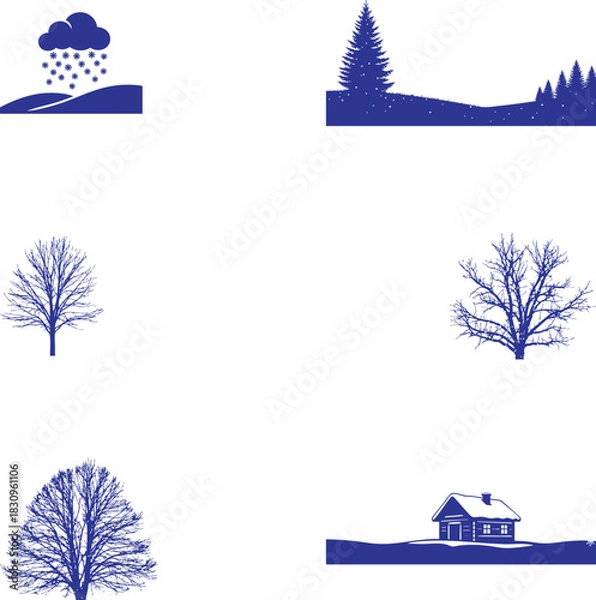 Fototapeta Winter Scenery Set in Blue with Bare Trees Snow Cloud and Cozy Cabin Illustration