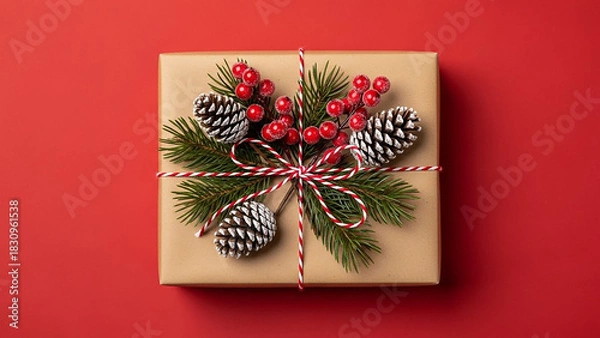 Fototapeta Christmas gift wrapped in brown paper with pine cones and red berries on red background