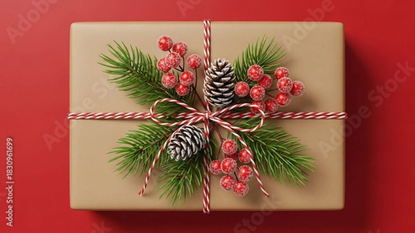 Fototapeta A christmas gift wrapped in brown paper with pine cones and red berries on top