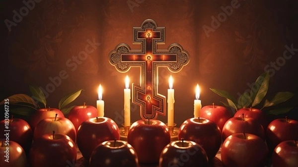 Fototapeta Orthodox Cross with Burning Candles and Red Apples in Warm Spiritual Candlelight Setting
