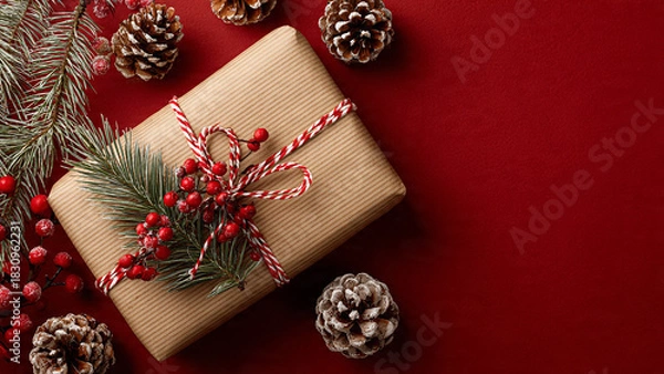 Fototapeta A christmas gift wrapped in brown paper with pine cones and red berries around it