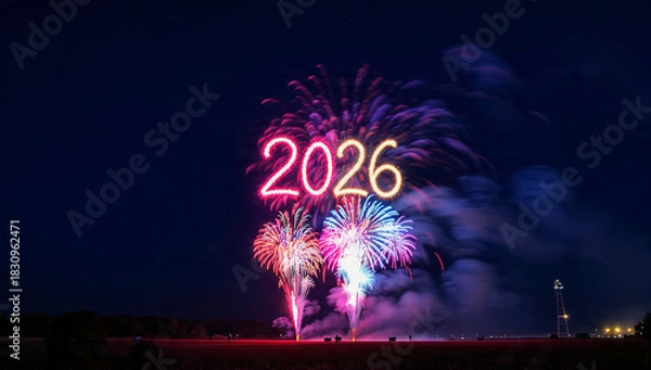 Fototapeta Fireworks display with the year two thousand twenty six in the night sky above