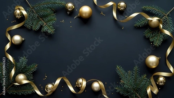 Fototapeta Elegant Christmas Frame with Gold Ornaments Ribbon and Evergreen Branches on Dark Background

