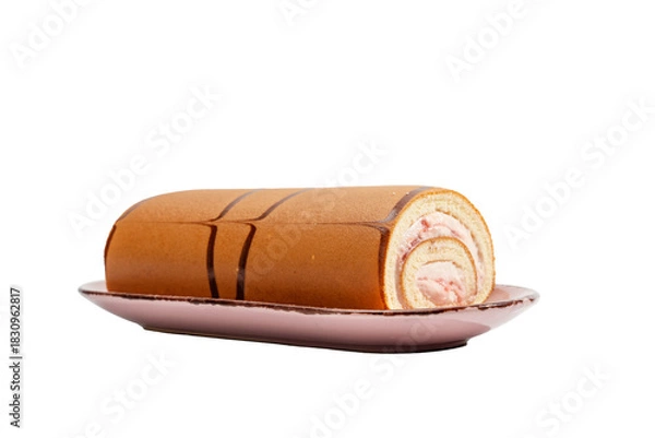 Obraz Swiss roll cake with strawberry cream on a pink dessert plate, isolated on white. Side view of an uncut sponge roll with chocolate stripes.