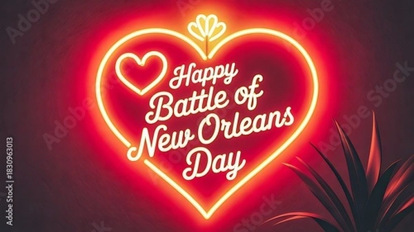 Fototapeta Neon Heart Sign with Happy Battle of New Orleans Day Message on Dark Background
