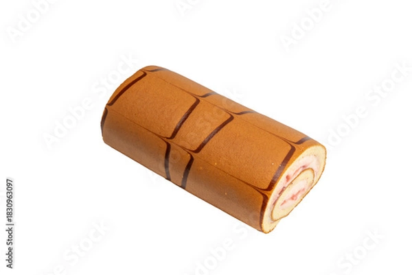 Fototapeta Whole Swiss roll sponge cake with strawberry cream filling, isolated on white. Diagonal product shot with chocolate stripe pattern and clean cut end.