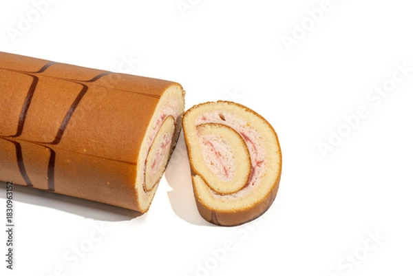 Obraz Swiss roll with strawberry cream and one sliced piece beside it, isolated on white. Sponge cake spiral with chocolate stripes, baked dessert concept.