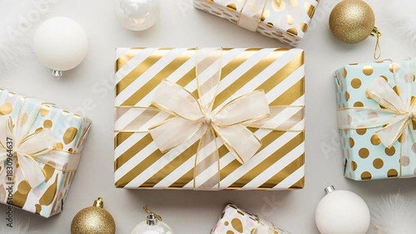 Fototapeta Overhead shot of wrapped gifts and christmas ornaments on a white surface