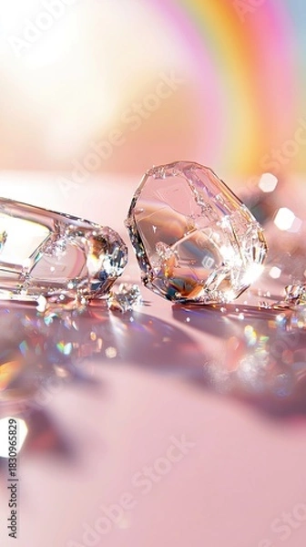 Obraz Close-up of sparkling diamonds on a pink surface with a rainbow in the background, illuminated by soft lighting.