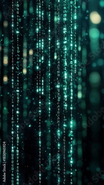 Fototapeta Abstract digital data streams with glowing light and binary code flowing in the background.