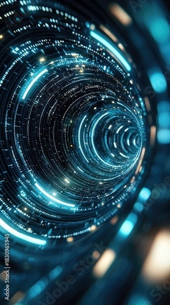 Fototapeta A futuristic digital tunnel with glowing blue lights, representing data flow and technology.