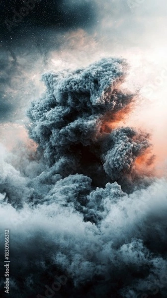 Obraz A dramatic cloud formation dominates the sky, featuring a mix of blue, gray, and orange hues, creating a visually striking and atmospheric scene.