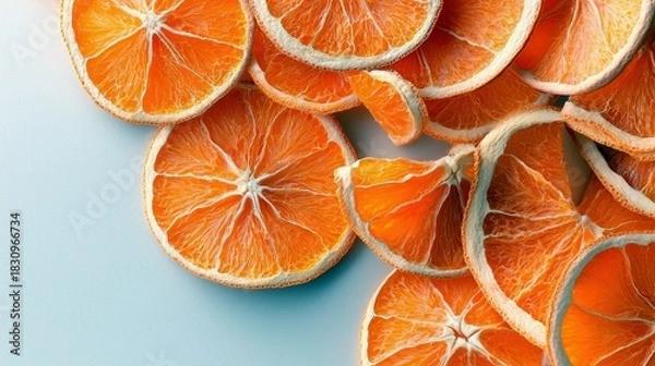 Obraz Close-up of dried orange slices arranged on a light blue surface. The slices are orange with white edges.