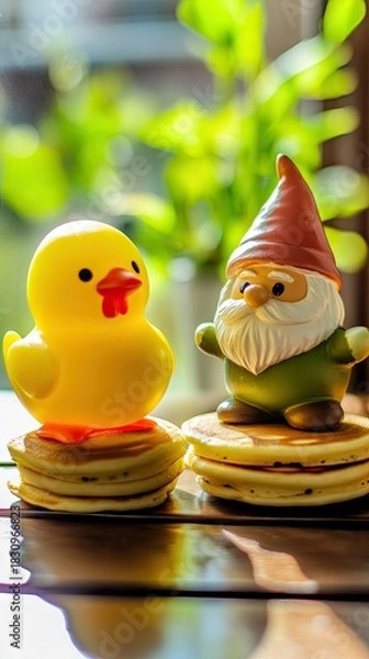 Obraz A yellow duck and a garden gnome stand on top of pancakes, with a blurred green background and bright sunlight.