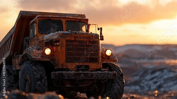 Obraz A large, yellow dump truck is seen at sunset. The truck is covered in dirt and snow, with its headlights on. The background is a blurred landscape with a warm,
