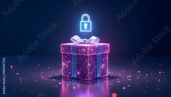 Fototapeta A purple gift box with a holographic lock symbolizing a surprise or secret inside.