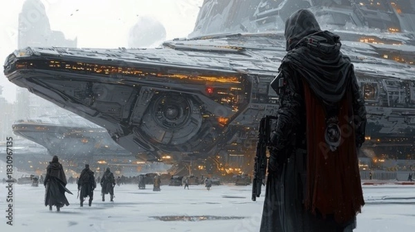 Obraz A figure in a hooded cloak stands in a snowy environment, observing a large spaceship. Other figures walk in the distance. The scene is set in a futuristic, sci