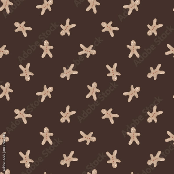 Fototapeta Watercolor hand-drawn seamless pattern with Christmas illustration gingerbread man. New year repeat print for design textile or wrapping paper with cookies.
