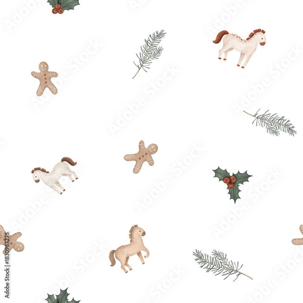 Fototapeta Christmas seamless pattern with symbol new year 2026, horses, pine branches, for tree. Repeat ornament with illustration holly and red berries and sweet cookie gingerbread man.