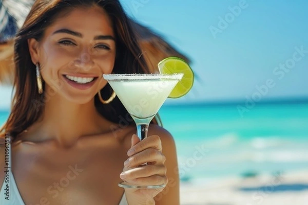 Fototapeta Close-up of a beautiful, smiling woman holding a refreshing Margarita cocktail with a salt rim and lime wedge on a sunny tropical beach against turquoise ocean water.