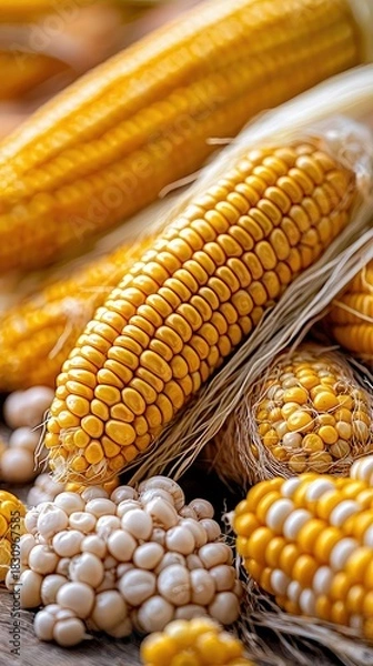 Fototapeta Close-up shot of various corn cobs and kernels on a wooden surface, showcasing the textures and colors of the harvest.