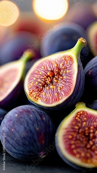 Fototapeta Close-up of fresh figs, some cut open, with a soft bokeh background, showcasing the vibrant colors and textures of the fruit.