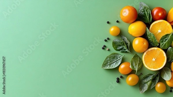 Obraz Overhead shot of an assortment of fresh fruits and vegetables, including oranges, tomatoes, and basil leaves, arranged on a vibrant green background.