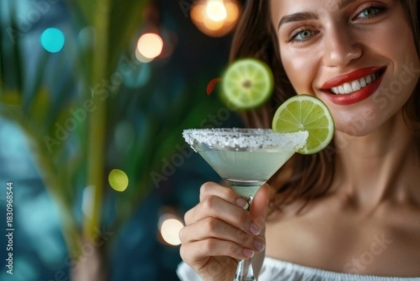 Fototapeta Happy young woman with red lipstick smiling and holding a refreshing Margarita cocktail with lime and salt rim against a vibrant bokeh nightlife background.