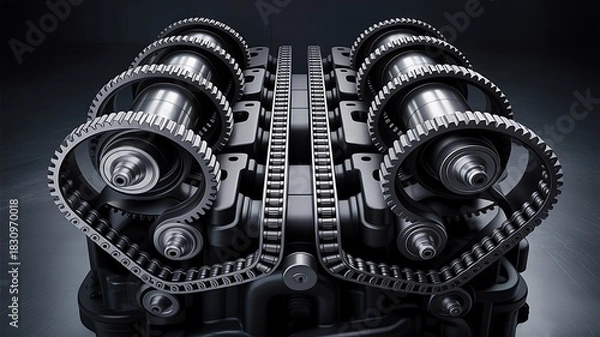 Fototapeta High-Precision Engine Camshaft and Gear Mechanism Close-Up
