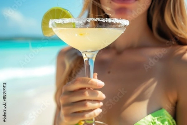 Fototapeta Woman enjoying a classic Margarita cocktail on a tropical white sand beach against a vibrant turquoise ocean background, celebrating summer vacation and luxury travel.