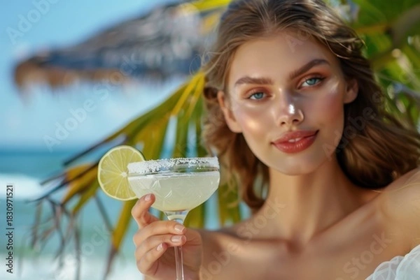 Fototapeta Luxurious tropical vacation: Portrait of a gorgeous young woman holding a refreshing salted Margarita cocktail glass on a sunny beach with palm leaves and blue sky.