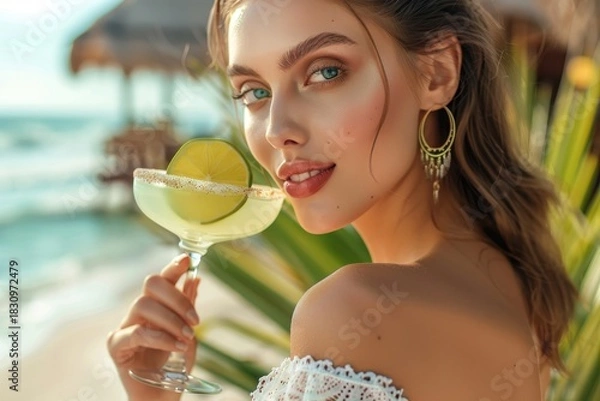Fototapeta Stunning woman with striking eyes enjoying a refreshing margarita cocktail garnished with lime on a sunlit tropical beach or resort vacation.