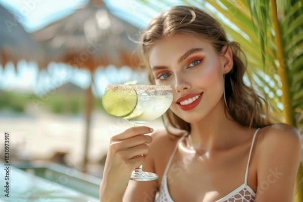 Fototapeta Attractive young woman enjoying a refreshing frozen margarita cocktail with lime and chili salt rim while relaxing at a luxurious tropical beach resort or poolside bar on a sunny vacation day.