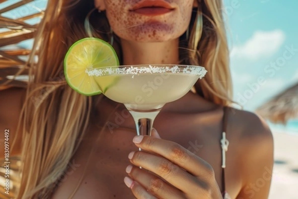 Fototapeta Close-up of a refreshing frozen Margarita cocktail with salt rim and lime garnish, held by a stylish woman enjoying a relaxing summer vacation at a tropical beach resort.