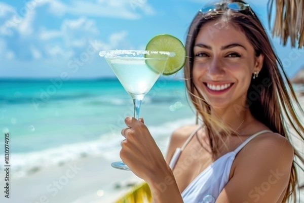 Obraz Smiling young woman enjoying a refreshing margarita cocktail on a sunny tropical beach overlooking turquoise ocean water.