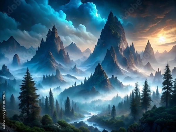 Fototapeta Misty mountain range at sunrise