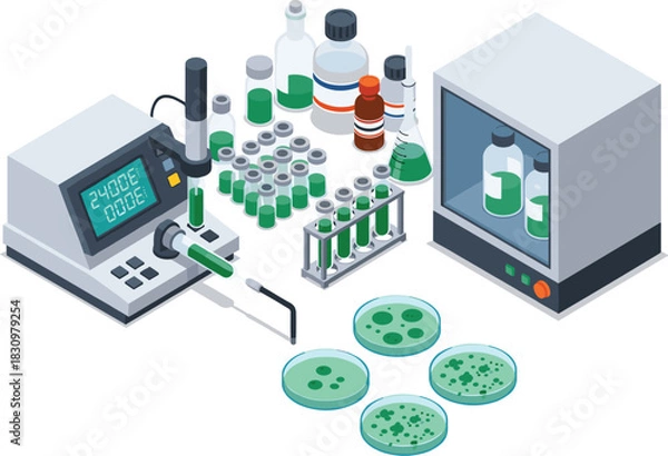 Obraz Biological Laboratory Experiment Setup with Digital Dispenser, Green Chemical Samples, Petri Dishes, Data Sheets, and Incubation Storage Unit